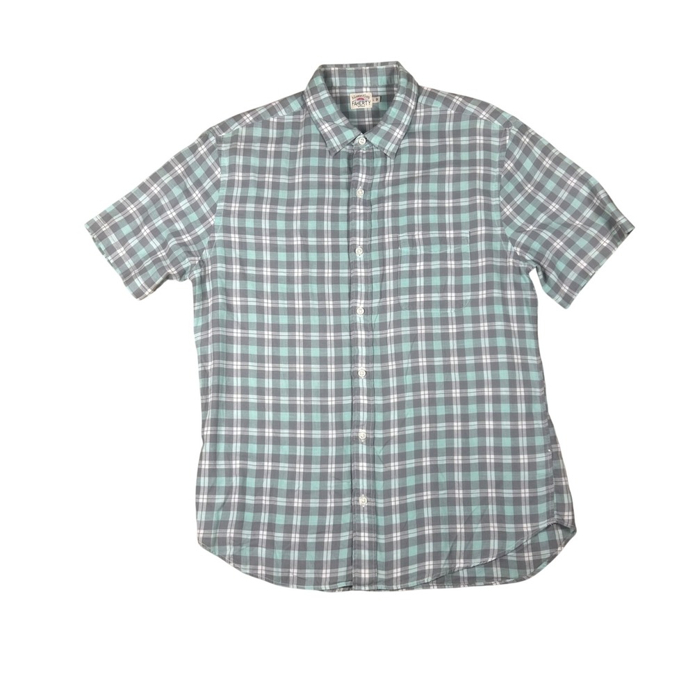 Faherty Brand Mens Large Short Sleeve Plaid Button Down Shirt Teal Grey Cotton